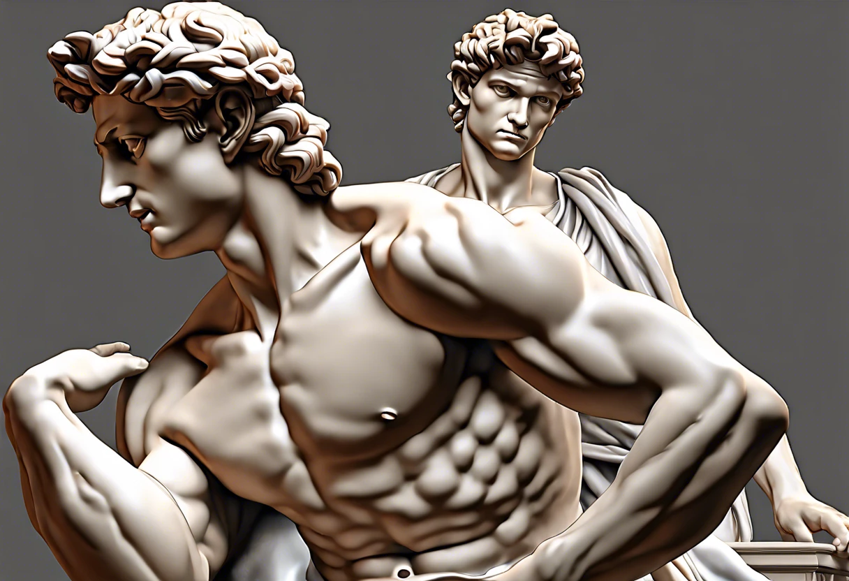 Michelangelo's renowned sculptures including David, showcasing his mastery in depicting human anatomy.