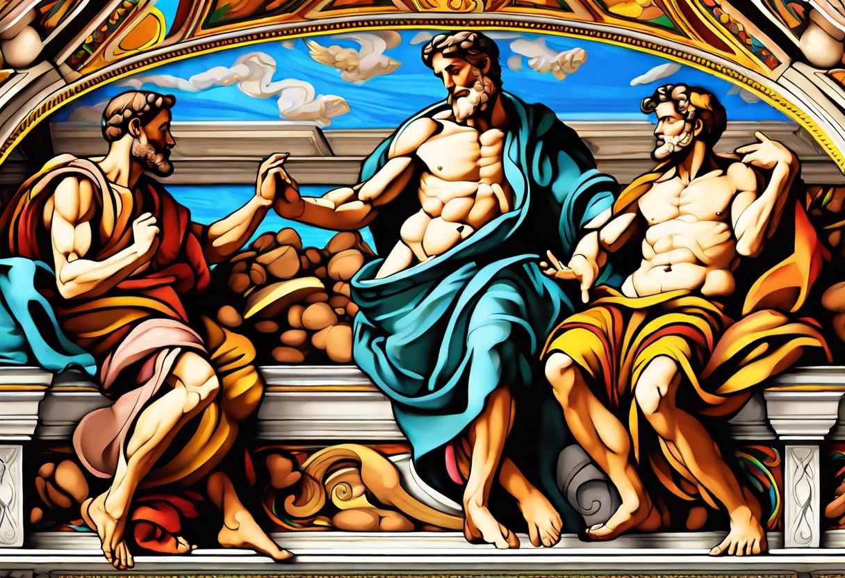 Detail of Michelangelo's painting in the Sistine Chapel, showcasing divine figures and vibrant colors.