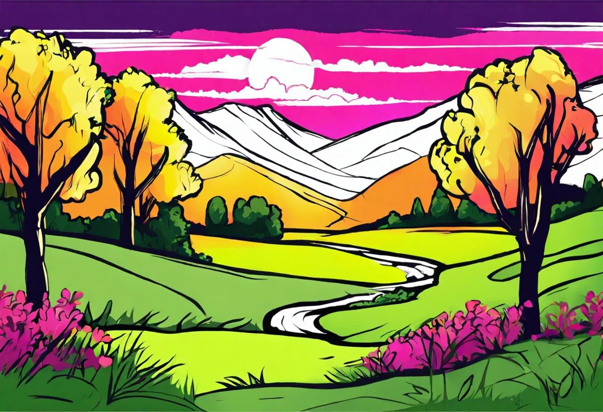 A colorful landscape illustration with trees, mountains, and a river, related to creating vector images in Microsoft Paint.