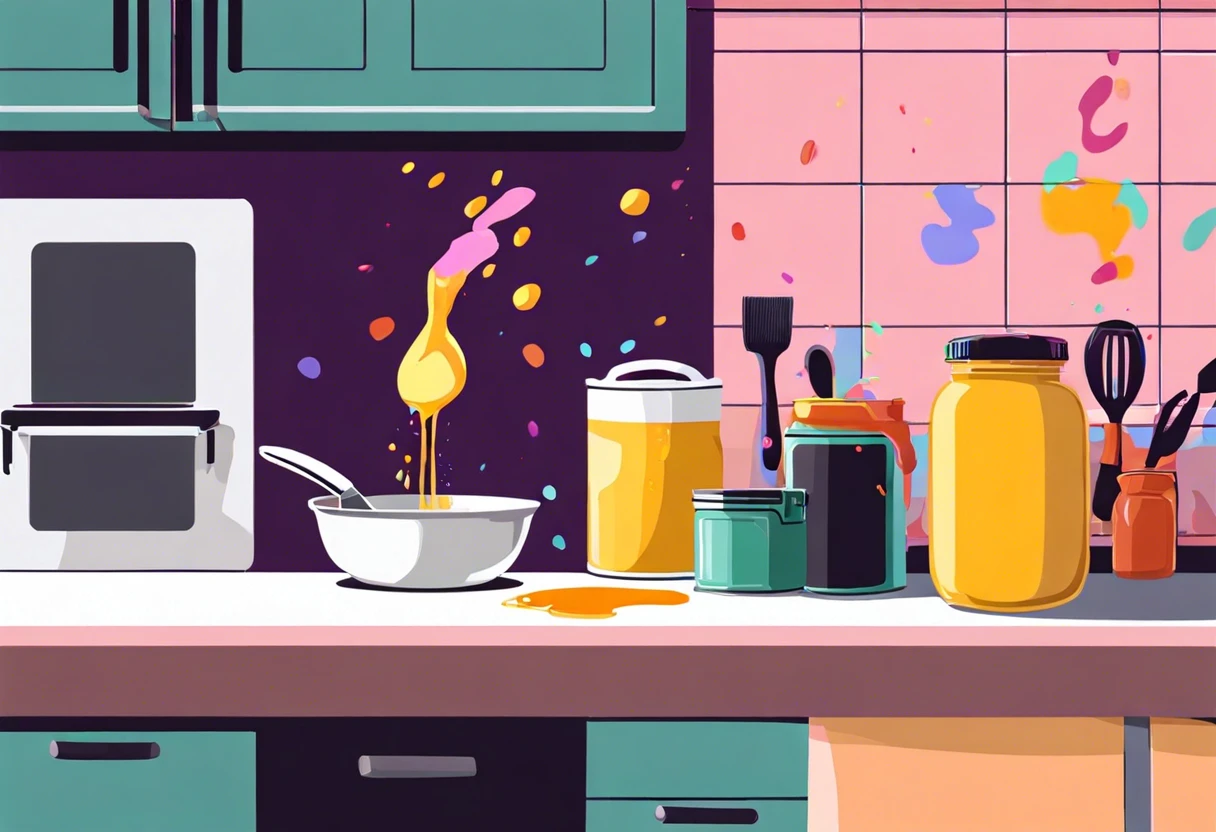 Illustration of kitchen scene with paint containers, emphasizing the concept of microwaving paint.