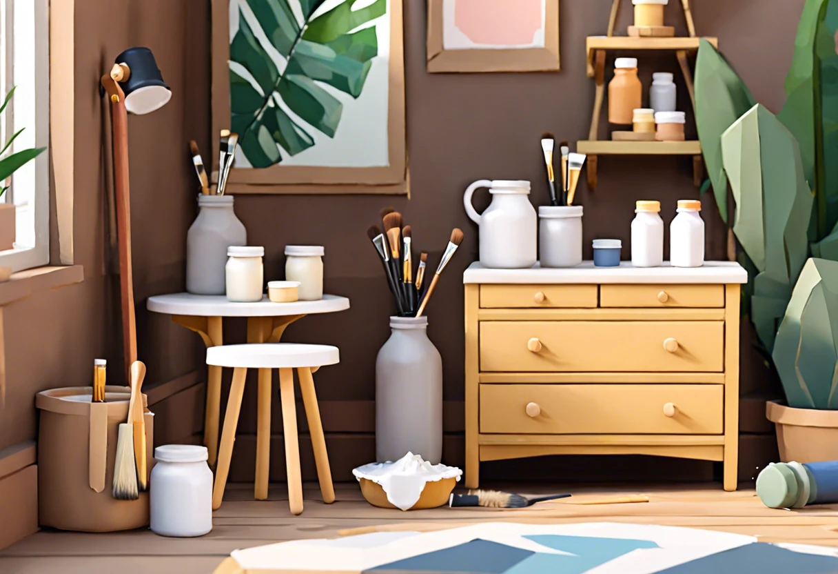 A cozy workspace featuring milk paint supplies and brushes, ideal for various milk paint projects.