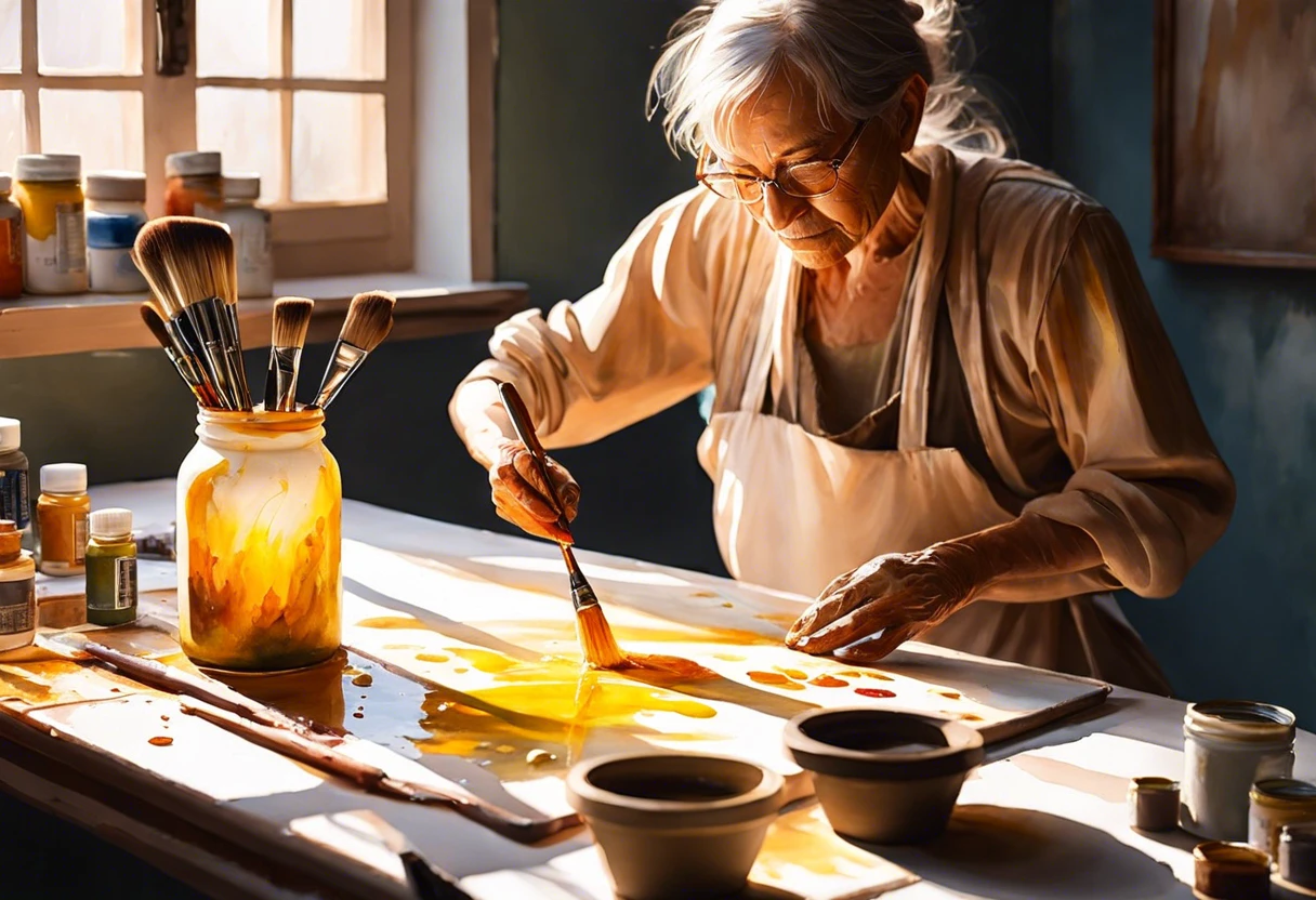 An artist using mineral spirits to thin paint on a canvas, surrounded by brushes and paint jars.