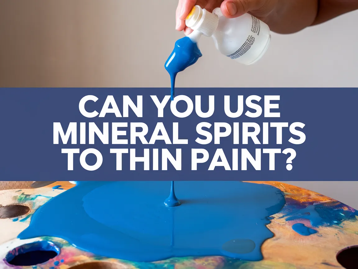 A person pouring mineral spirits to thin blue paint on a wooden palette.
