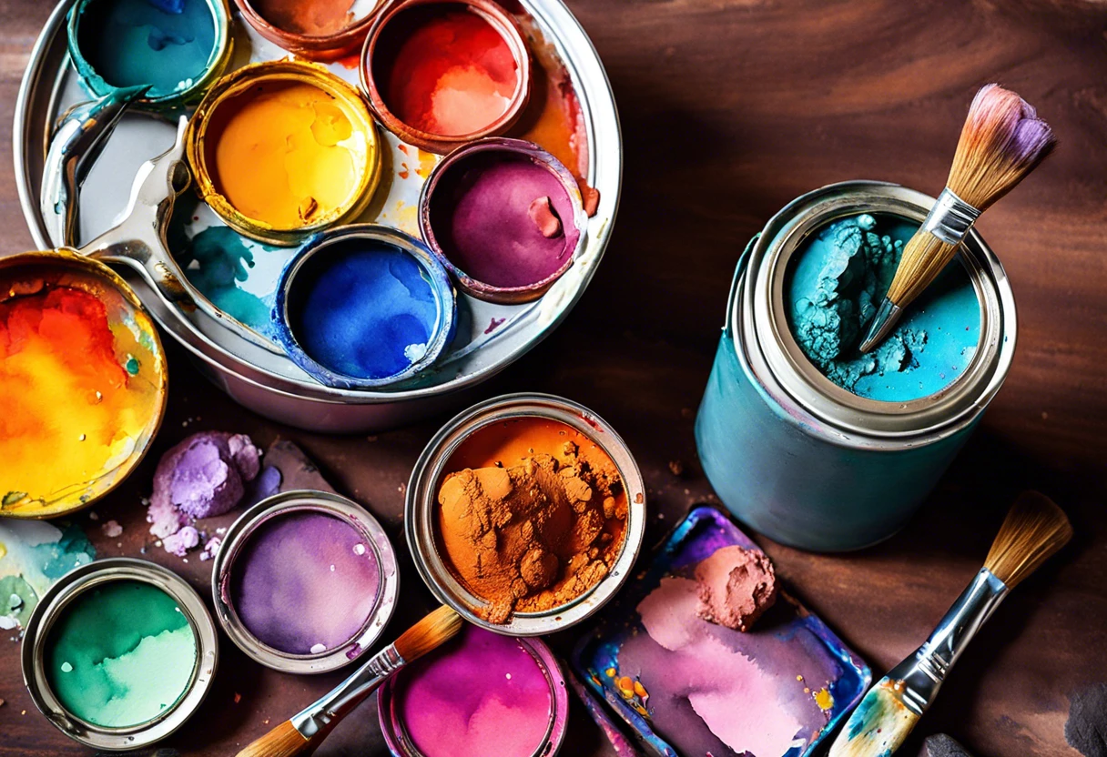 Colorful paint cans and brushes showcasing the use of mineral spirits to thin paint.