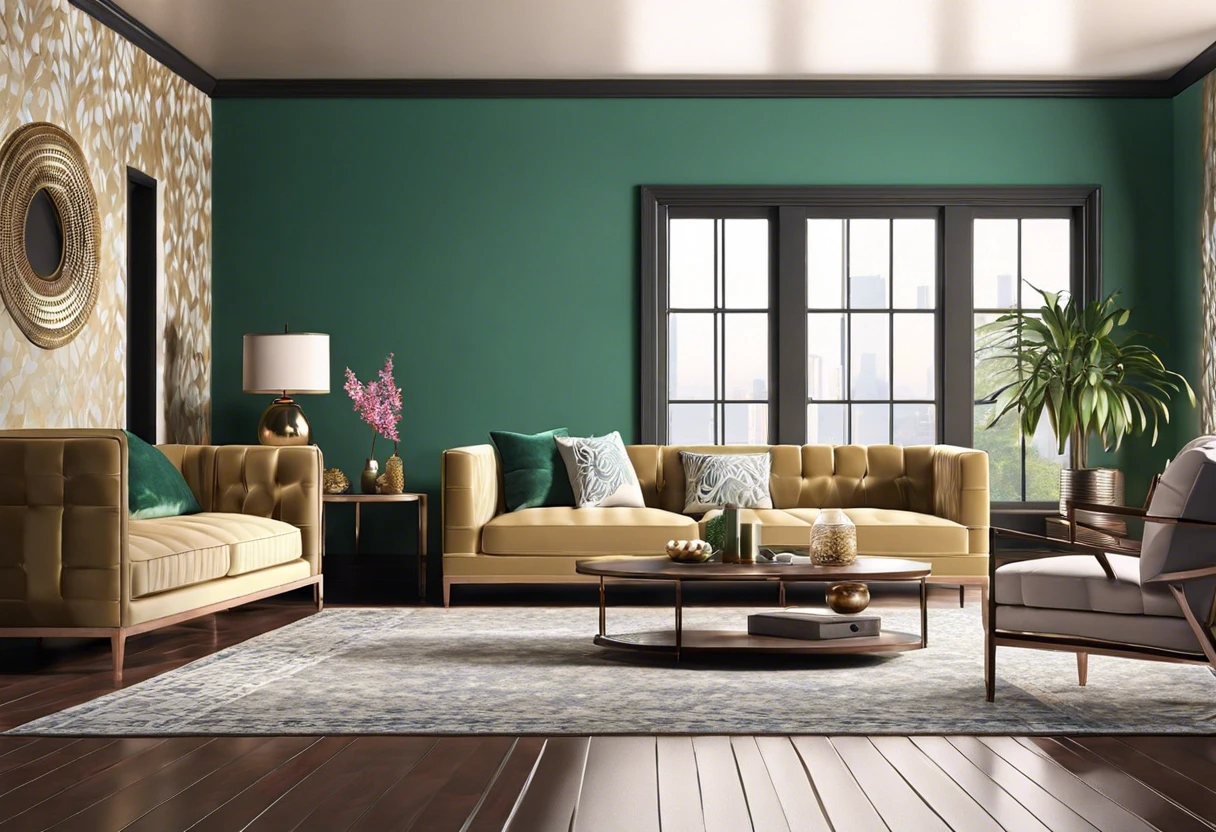 A modern living room featuring both flat and satin paint finishes, illustrating the effects of mixing different paint types.