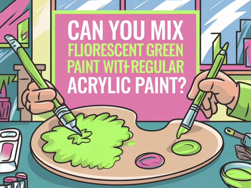 Hands holding paintbrushes mixing fluorescent green paint with regular acrylic paint on a palette.
