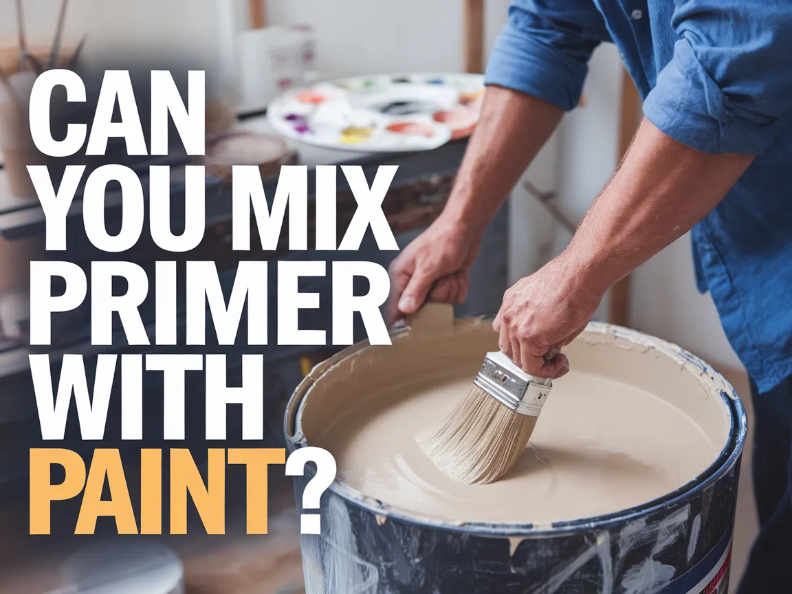 Person holding a paintbrush over a can of mixed primer and paint.