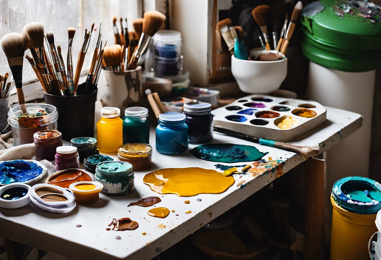 Artistic workspace with acrylic paints and tools for mixing resin with acrylic paint.