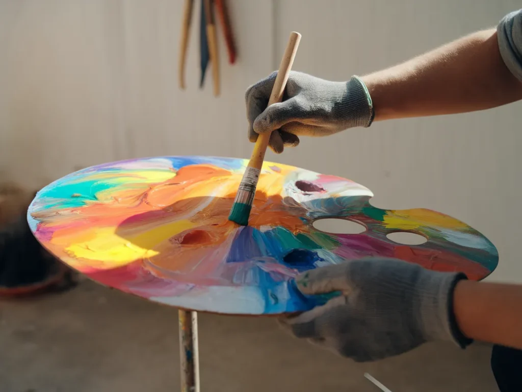 Person mixing colorful acrylic paint on a palette with a brush, illustrating the process of combining acrylic and latex paints.