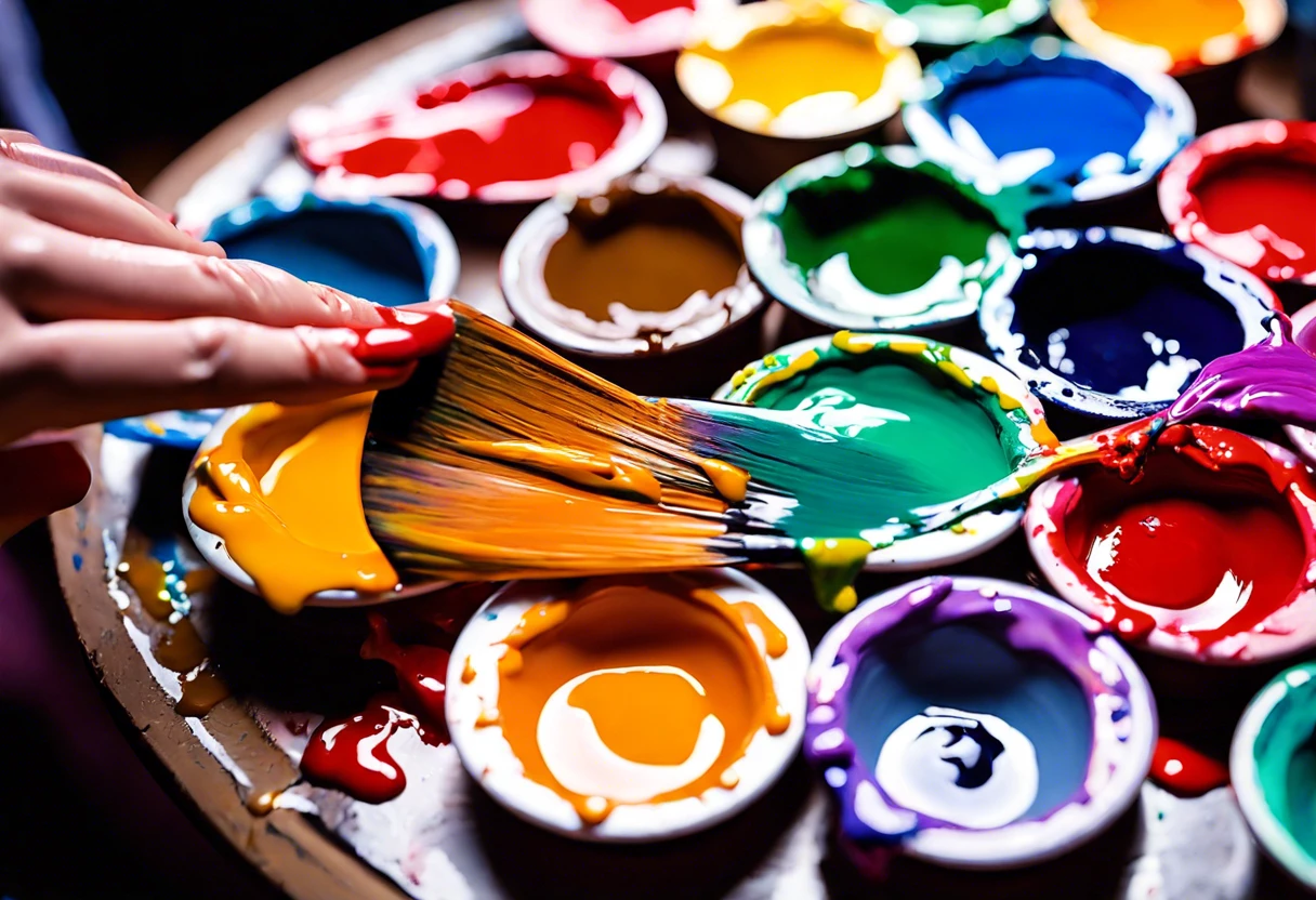Person mixing acrylic paint with latex in colorful paint pots.