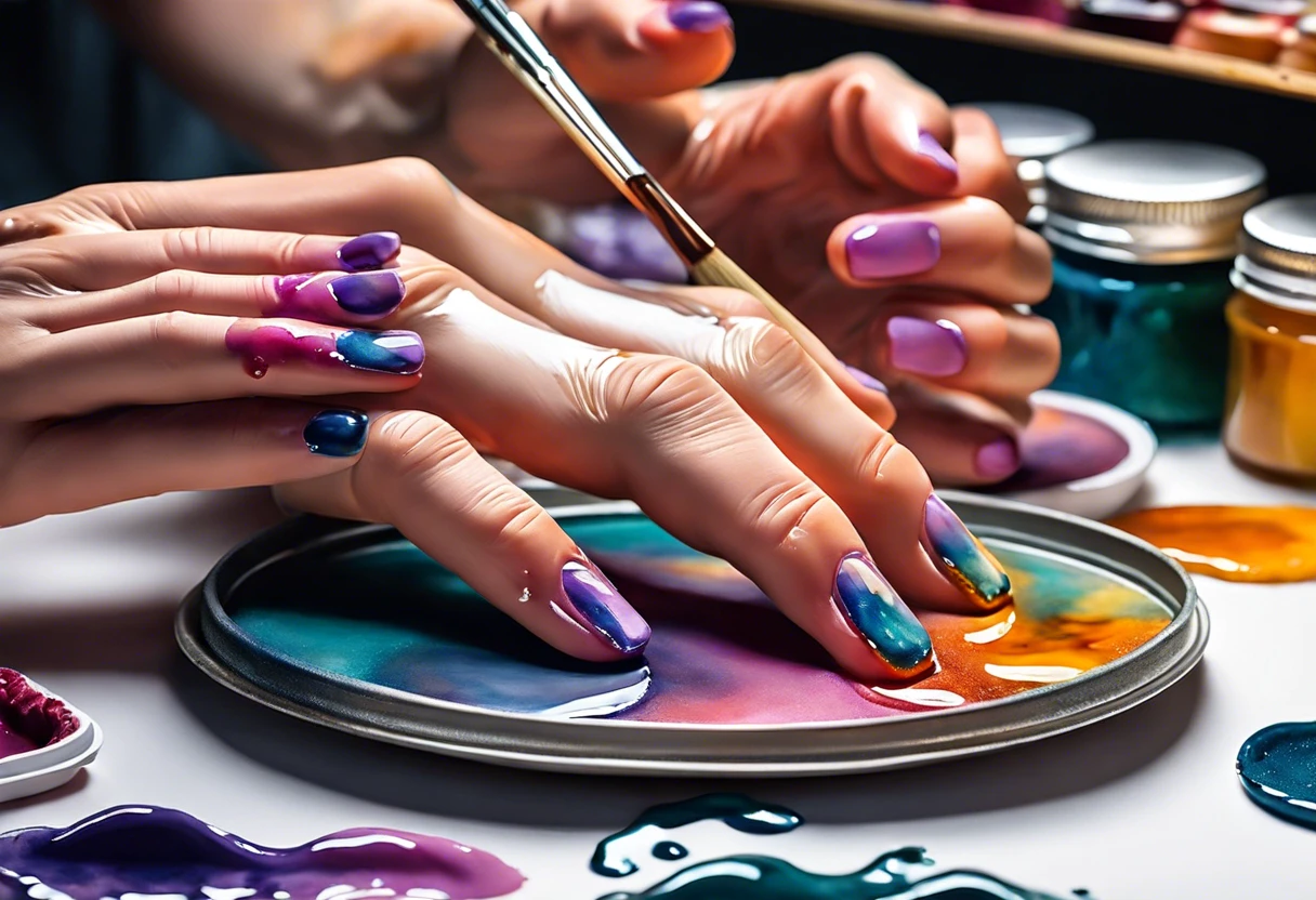 Hands mixing vibrant acrylic paint with resin in a studio setting, showcasing color blending techniques.