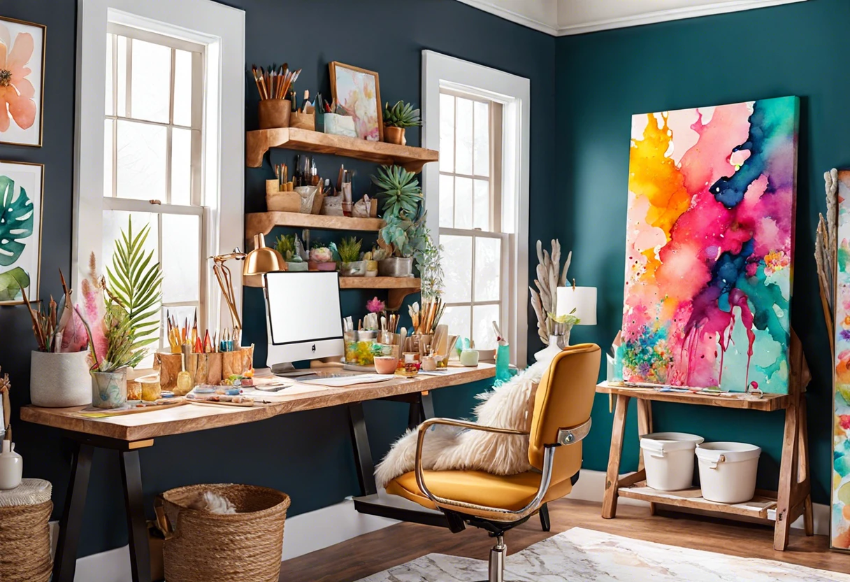 Art studio setup with vibrant acrylic paints and resin artwork, showcasing the potential of mixing acrylic paint with resin.
