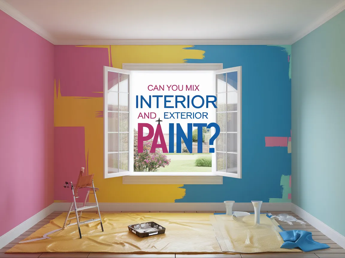 A colorful room with interior and exterior paint samples showing the question: Can You Mix Interior And Exterior Paint?