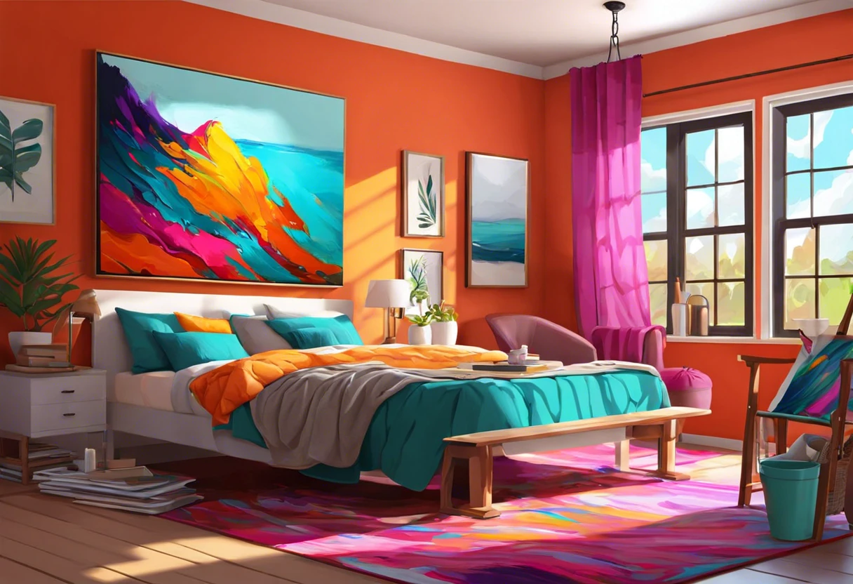 Vibrant bedroom showcasing a mix of bold interior paint colors, demonstrating the concept of mixing interior and exterior paint.