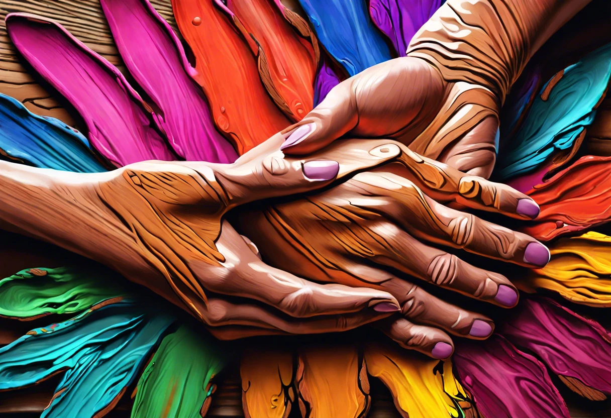 Hands mixing colorful paint and stain on a wooden surface