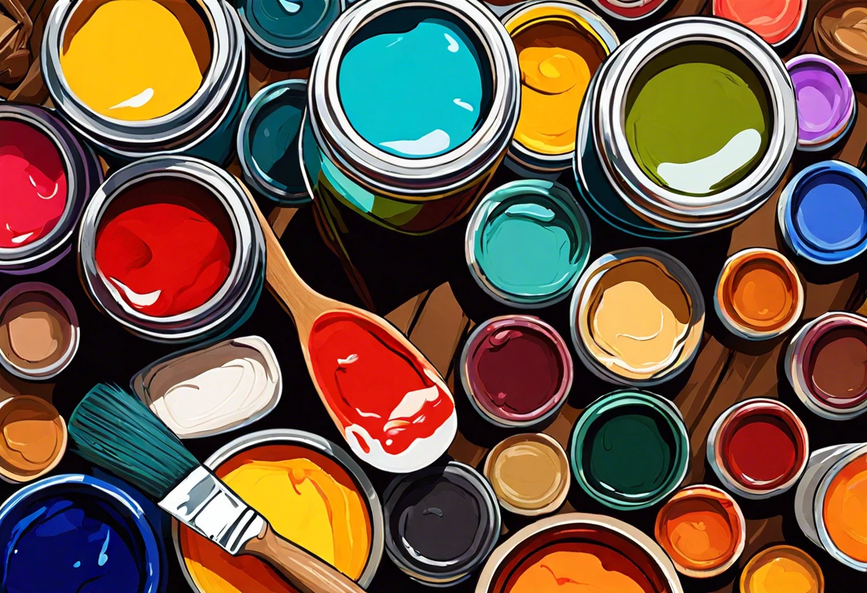 A variety of tempera and acrylic paint containers and tools for painting