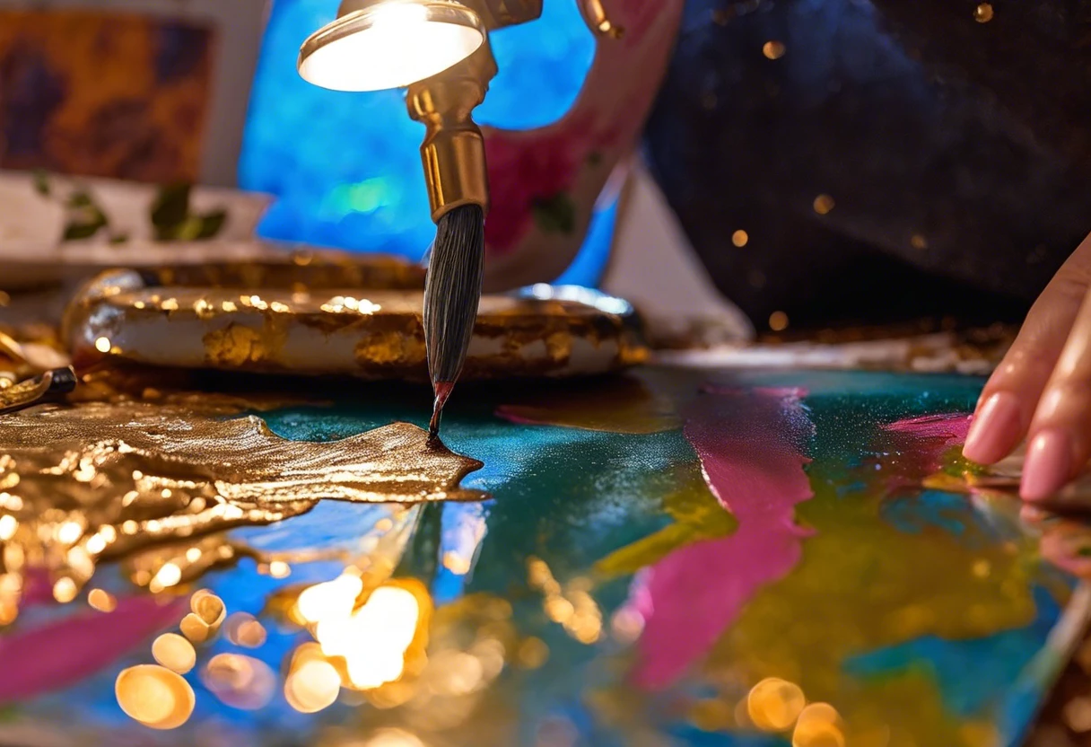 An artist applying Mod Podge over acrylic paint to seal and protect the artwork.