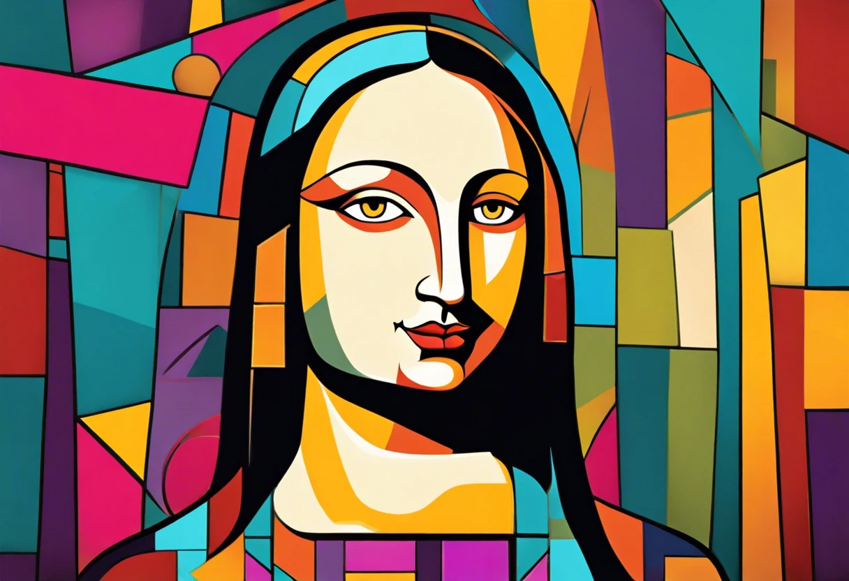 Abstract representation of the Mona Lisa showcasing colorful geometric patterns related to the meaning of the painting