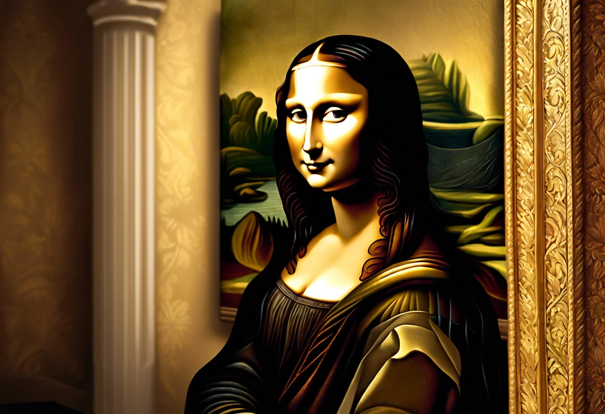 Artistic representation of the Mona Lisa, painted by Leonardo da Vinci, showcasing her iconic smile and enigmatic expression.