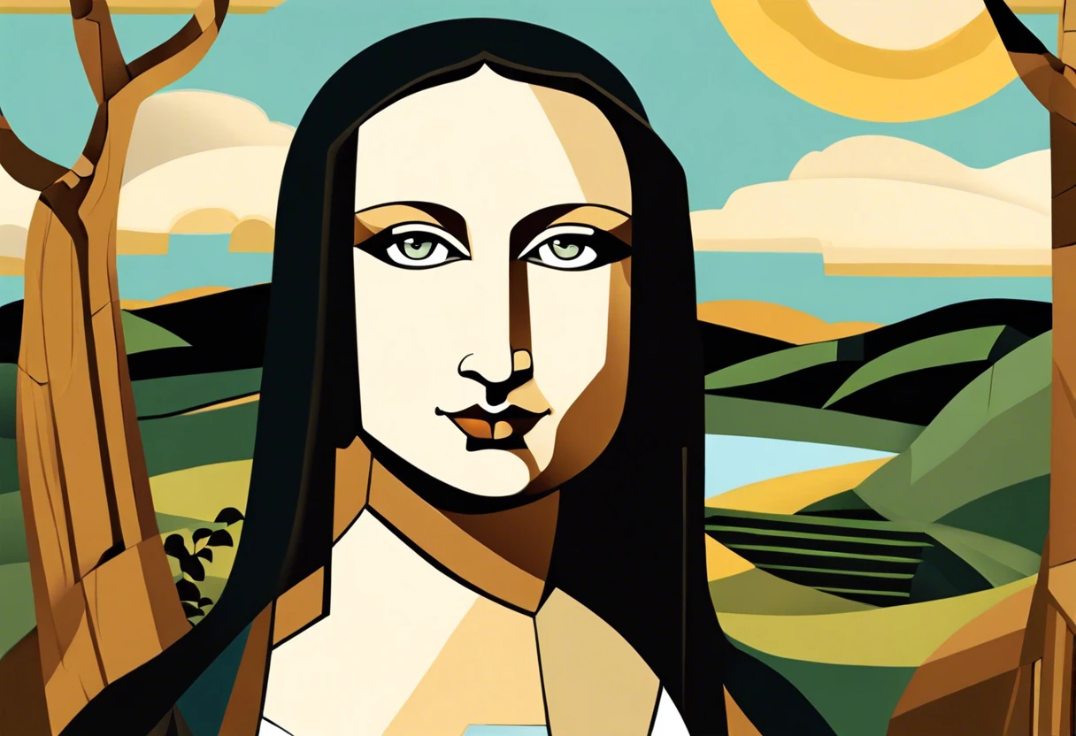 Abstract representation of the Mona Lisa painting highlighting its enigmatic expression and scenic background.