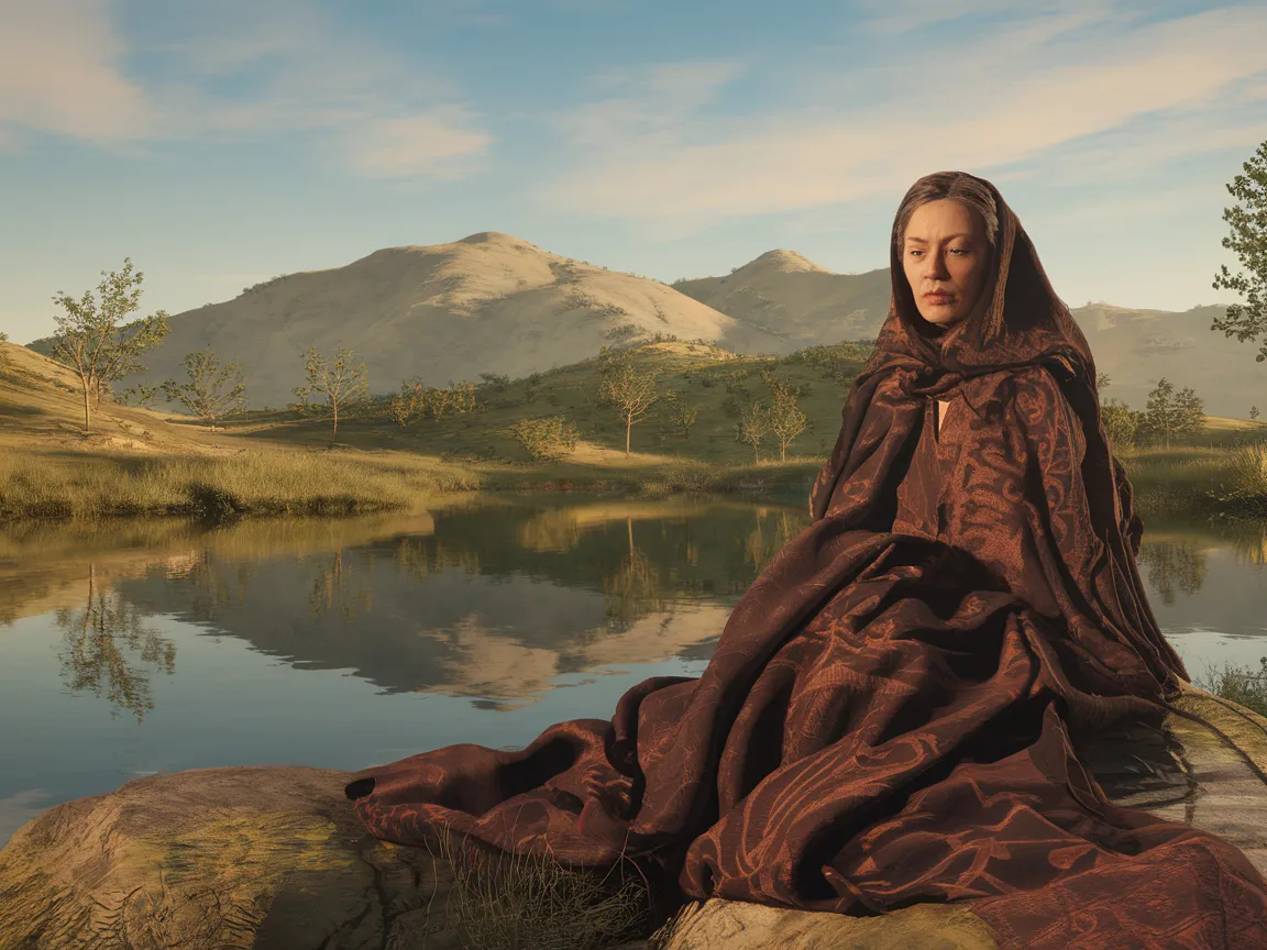 A serene woman sitting by a lake, reminiscent of the Mona Lisa painting by Leonardo da Vinci