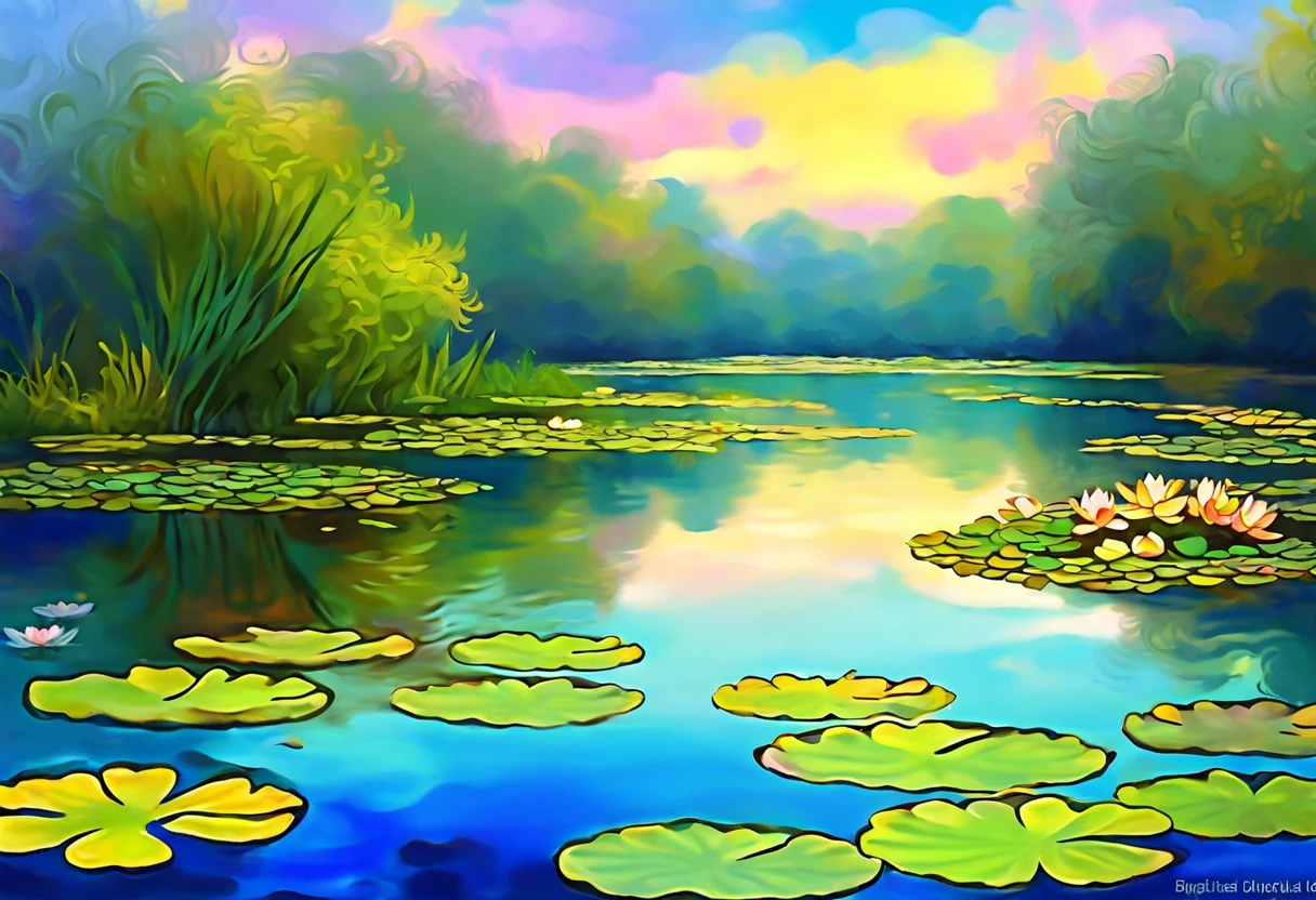 A scenic view of a serene water lily pond, reflecting beautiful colors, inspired by Monet's famous artworks.