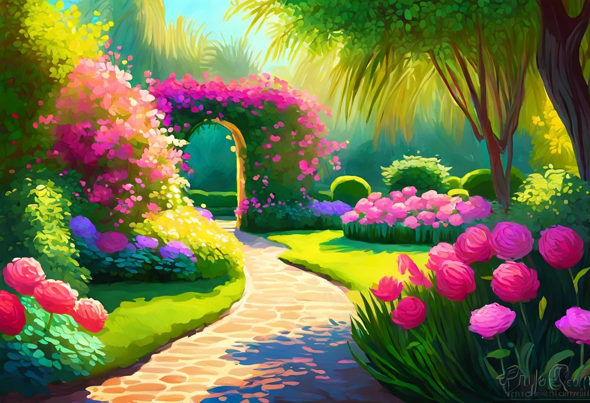 A vibrant garden pathway with blooming flowers, reminiscent of Monet's paintings, showcasing natural beauty.
