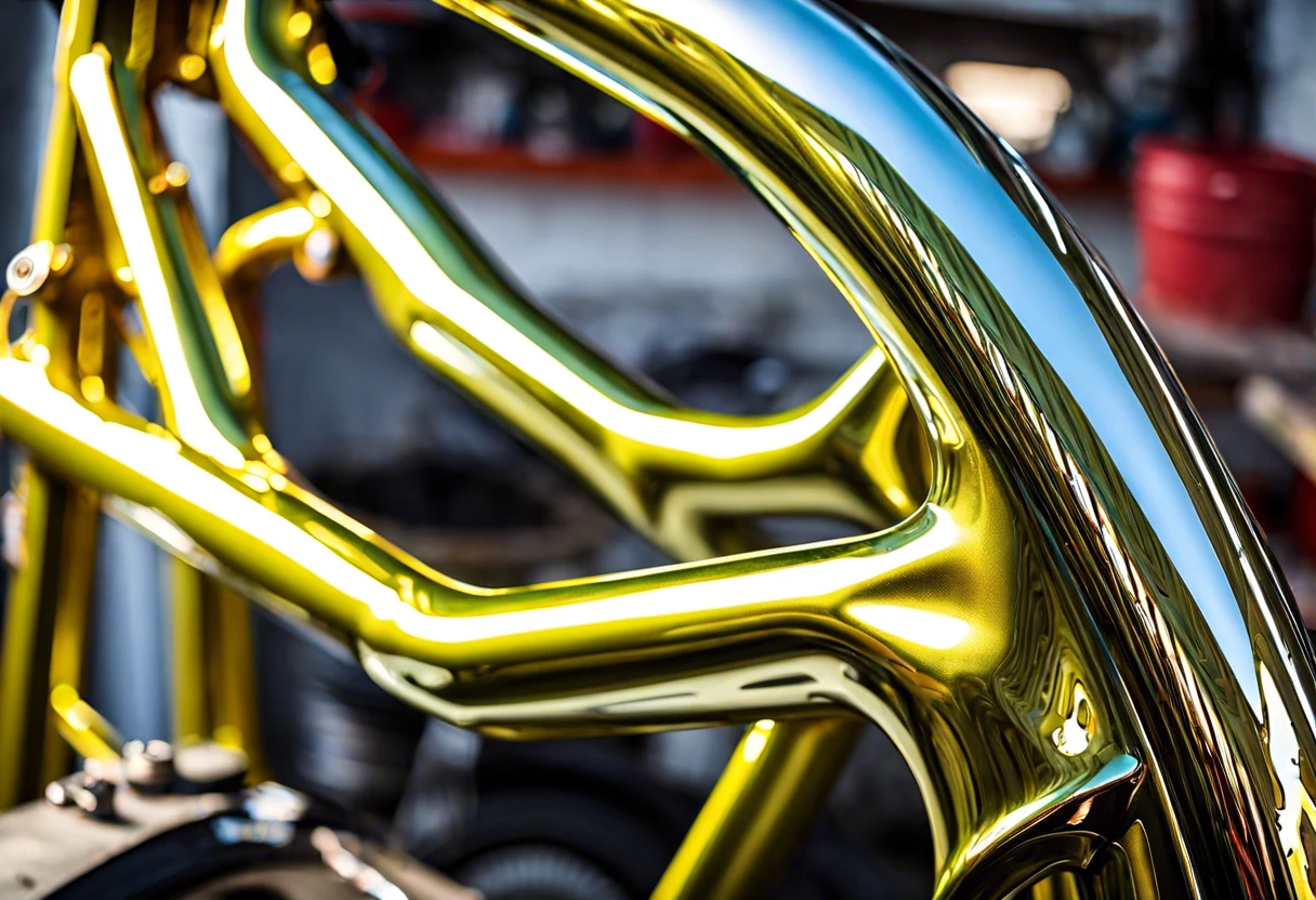 Close-up view of a freshly painted motorbike frame with a shiny gold finish, showcasing the painting process for motorbike frame restoration.