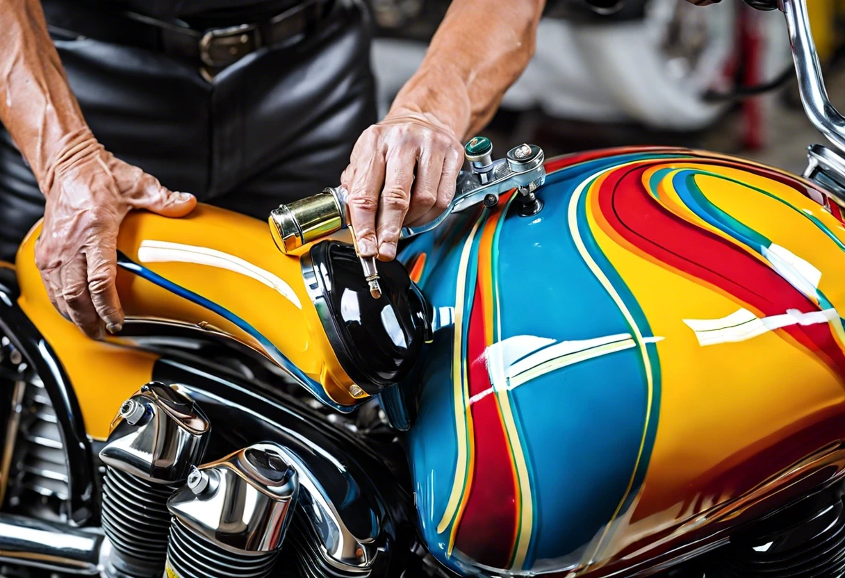 A close-up of a motorcycle being painted, showcasing vibrant colors and detailed work.