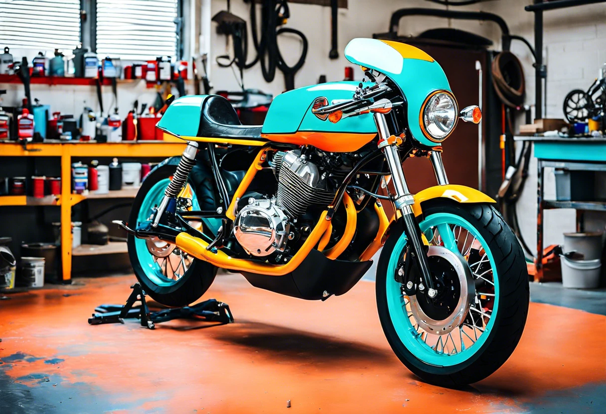 Custom motorcycle with vibrant paint job showcasing blue and orange colors, relevant to motorcycle paint job costs.