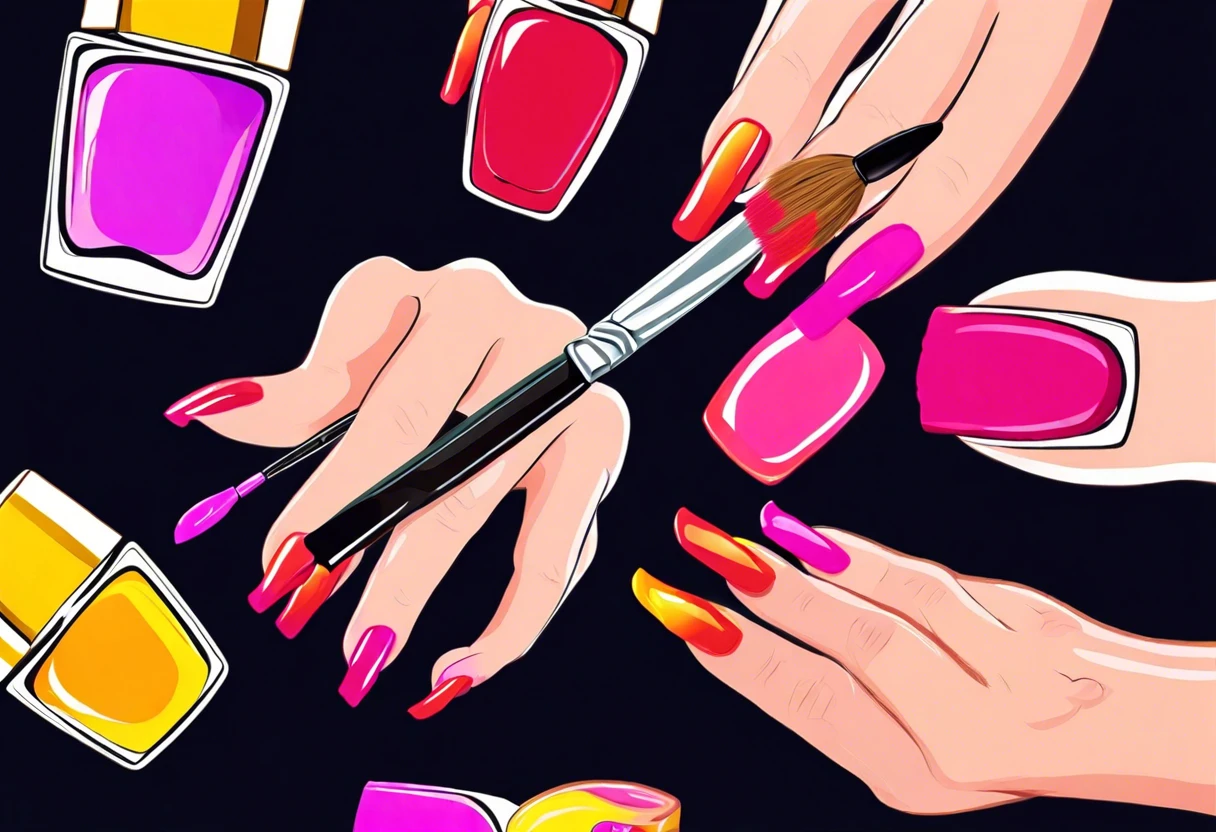 Colorful painted nails and nail polish bottles, illustrating the process of painting nails after removing acrylics.