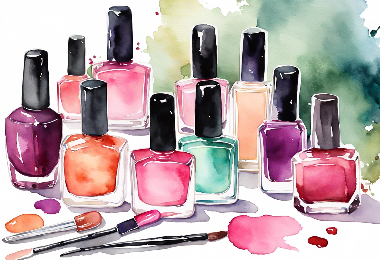 Assorted nail polishes over a watercolor background, relevant for painting over gel nails.