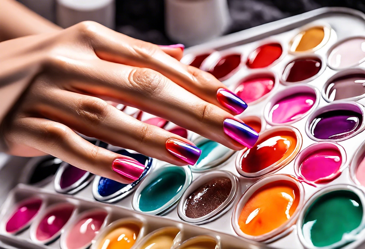 A hand with colorful nail polish swatches over a palette, illustrating the process of painting nail polish on gel.