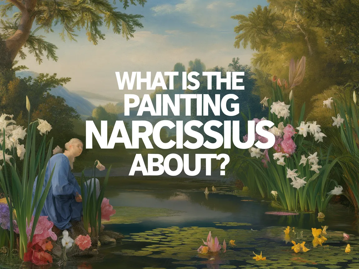 A serene landscape with a figure contemplating a water path, relating to the painting Narcissus.