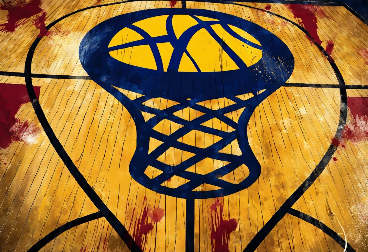 Close-up of an NBA court highlighting the painted basketball hoop and court design