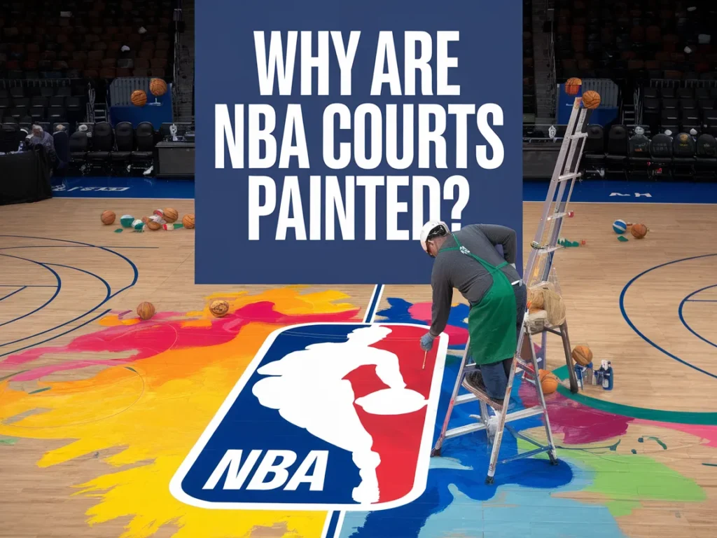 A worker painting an NBA basketball court with vibrant colors, illustrating the importance of court design.