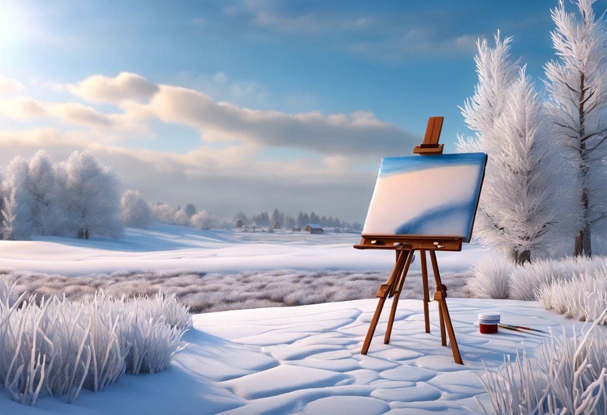 An outdoor scene showing an easel with a painting setup in a snowy landscape, illustrating conditions unsuitable for painting.