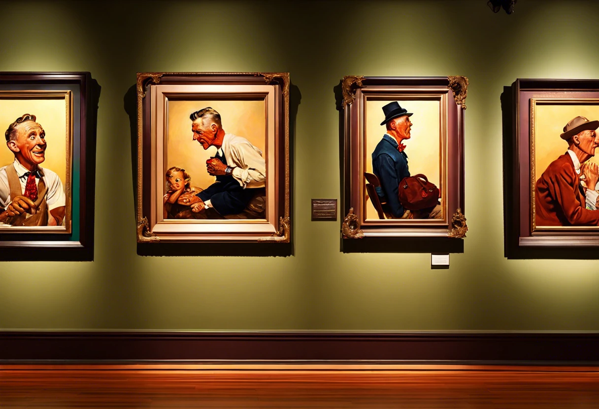 A display of Norman Rockwell paintings showing diverse characters in a gallery setting