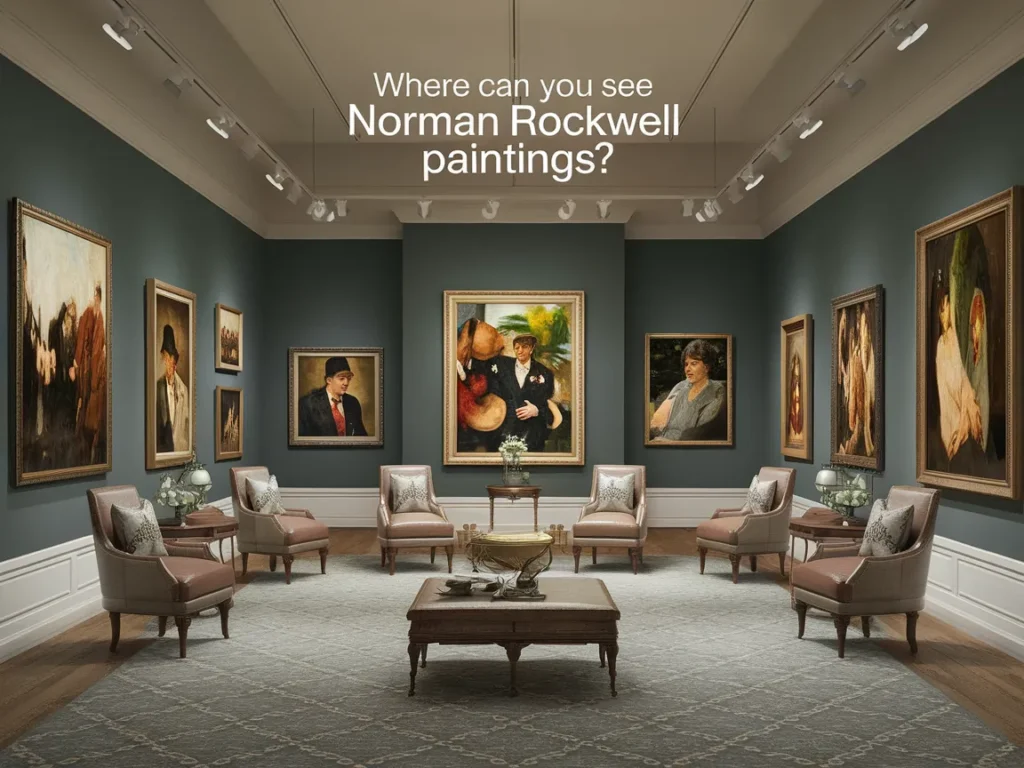 A beautifully arranged gallery featuring Norman Rockwell paintings, showcasing classic American art.