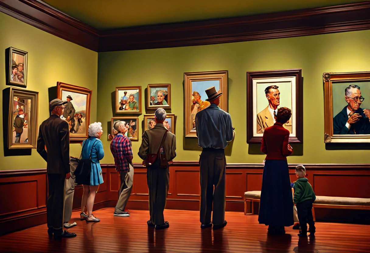 Visitors admiring Norman Rockwell paintings in a gallery setting