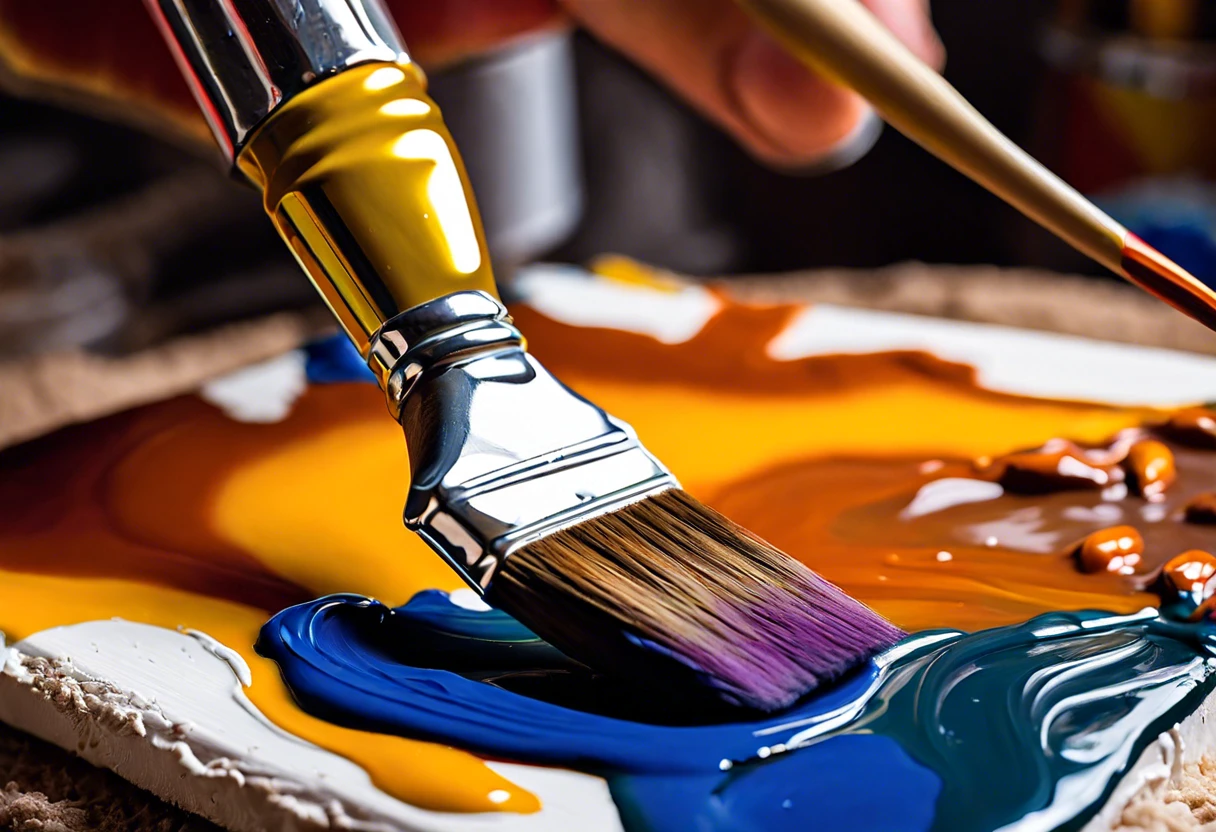 A close-up of a brush applying oil-based paint on a colorful surface, related to applying oil based paint over latex.