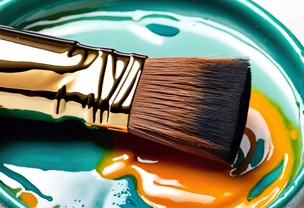 Brush with oil-based paint on a turquoise palette, illustrating the concept of using oil-based paint over latex.