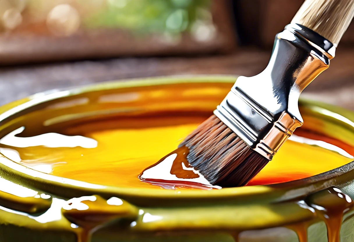 Brush dipping into can of oil-based paint, demonstrating the oil painting process.