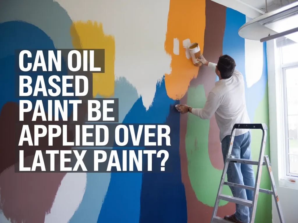 Person applying oil-based paint over latex-painted wall, discussing the process.