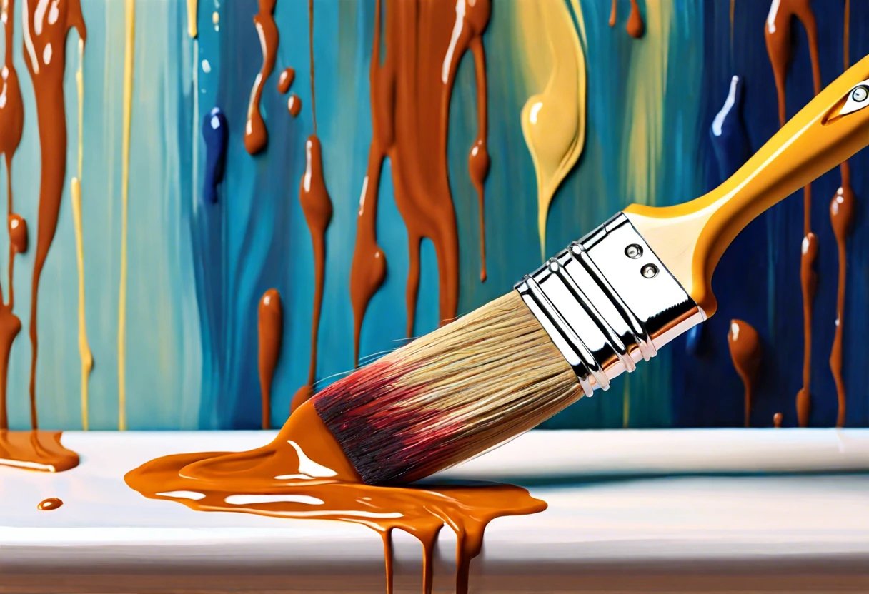 A paintbrush applying oil-based paint over a vibrant blue and orange background, illustrating the concept of oil over water-based paint.