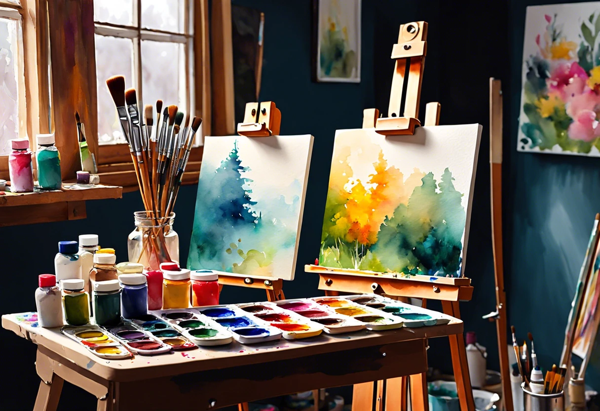 Art studio with oil-based paints and easels, illustrating the concept of painting over oil-based paint.