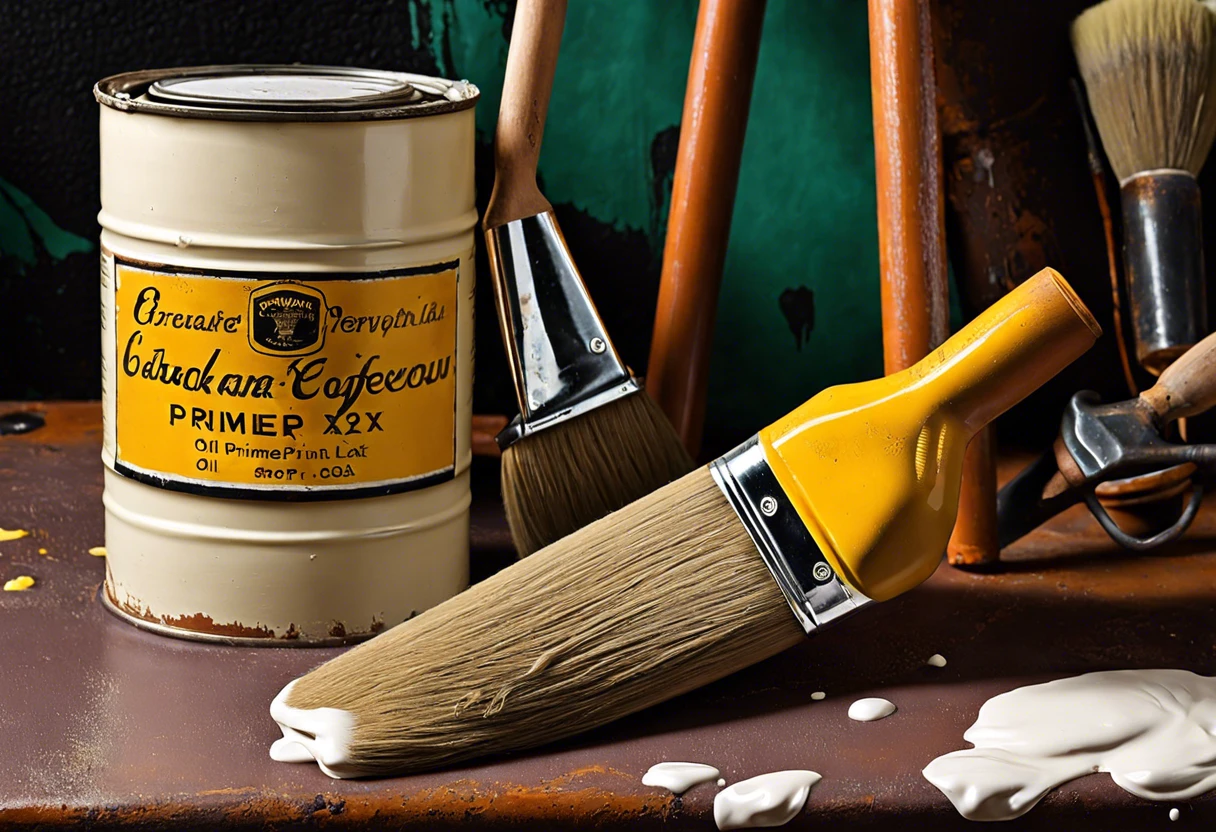 Image of an oil based primer can and a paintbrush, relevant for using oil based primer over latex paint.
