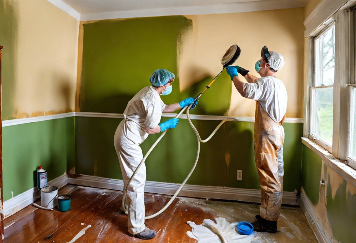 Workers applying oil-based primer over previously painted latex walls in a room