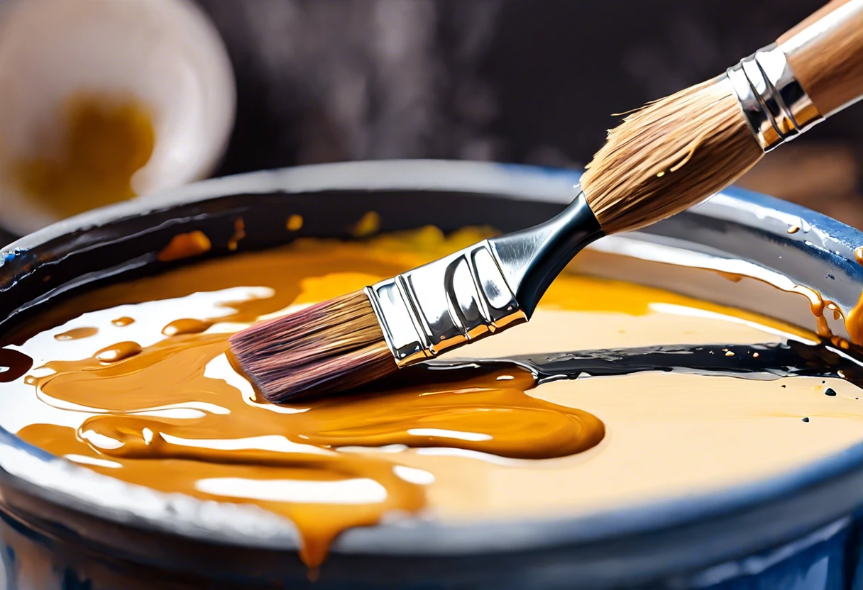 A brush dipping into a can of oil paint, illustrating the process of applying oil paint over latex surfaces.
