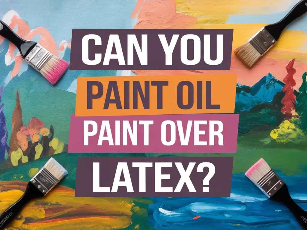 Artistic illustration asking if you can paint oil paint over latex surfaces, featuring brushes and paint strokes.